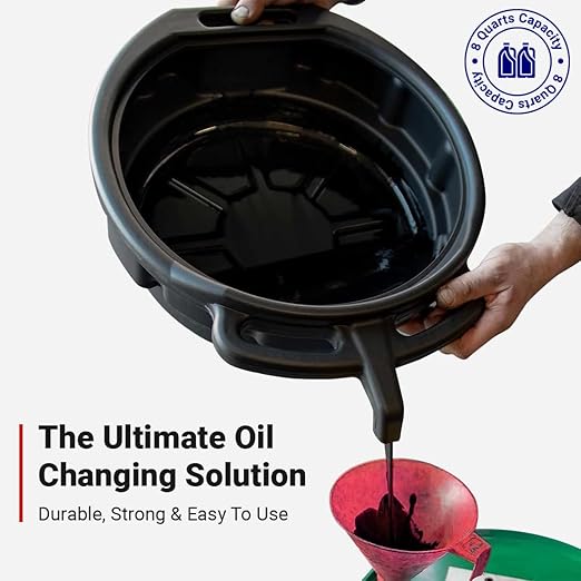 Oil Change Kit - Includes 8-Quart Oil Pan, Longneck Oil Funnel with Removable Filter, and 5 Pack of Shop Towels - Motor Oil Drain pan for Changing Oil - Oil Change Value Kit with by Foxtrot Living