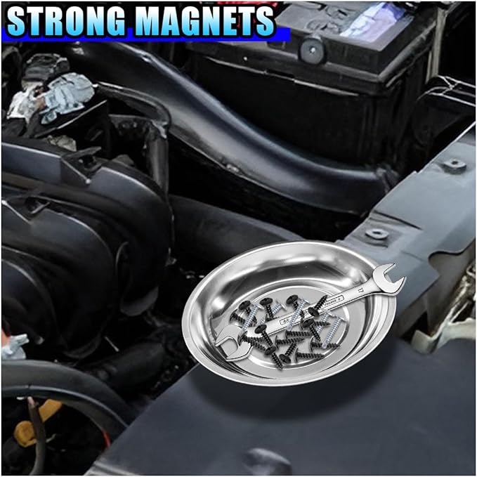 3PCS Magnetic Tray Holder, Stainless Steel Extra Strong Magnetic Bowl Parts Tray Set for Screws, Nuts, Bolts, Sockets, Pins – Mechanic Tool Metal Parts Organizer for Automotive Repair(Round&Rectangle)