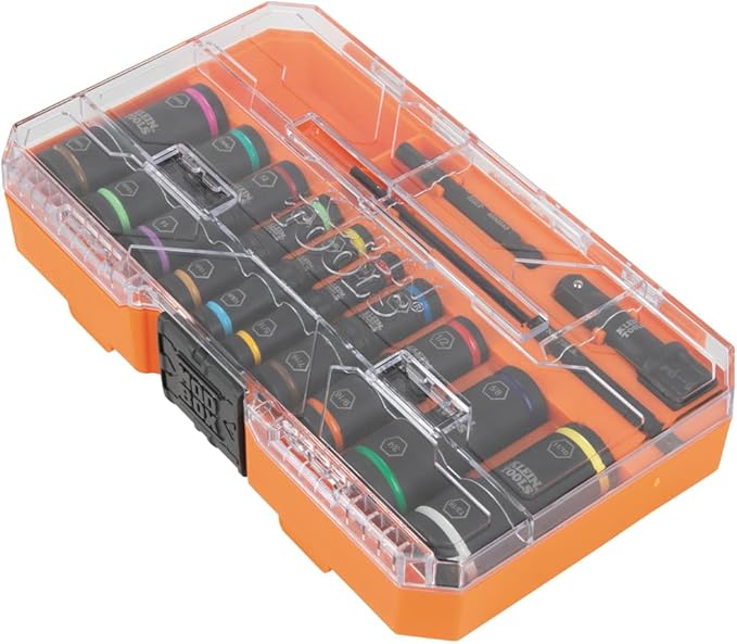 Klein Tools 65239 KNECT Flip-20 Deep Impact Socket Set, 20 SAE and Metric Sizes with MODbox Case, Heavy Duty Flip Sockets with 1/4 and 3/8-Inch Adapters