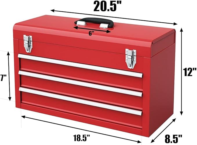 Giantex Portable Steel Tool Box, 20.5'' Toolbox w/ 3 Drawers & Top Storage Tray, Tool Storage Chest w/Double Latch System, Ball Bearing Drawer Slides, EVA Liners & Carrying Handle, Red