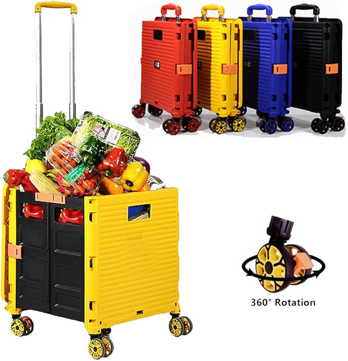 Foldable Utility Cart Folding Portable Rolling Crate Handcart Shopping Trolley Wheel Box with Lid Wear-Resistant Noiseless 360°Rotate Wheel for Travel Shopping Moving Storage Office Use (Yellow)