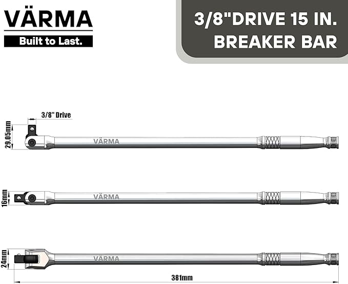 3/8-Inch Drive Breaker Bar, 15-Inch – Heavy Duty CR-MO Head & 15mm Thick Shaft – Dual-Knurled Non-Slip Grip, Constant Tension Flex Head, Premium Mirror Chrome Finish