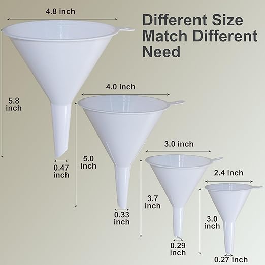 KongNai 4 Pieces Plastic Funnel Set for Kitchen and Automotive Use, Mini, Small, Medium and Large Funnel for Filling Bottles, Canning, Cooking, Lab or Car Oil Funnels (White)