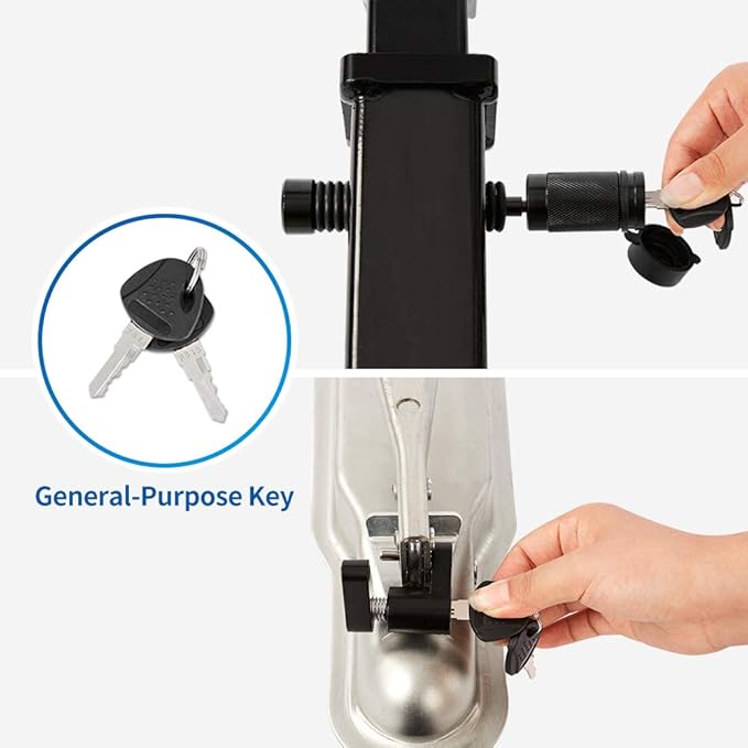 METOWARE Keyed Alike Trailer Lock Set, 5/8" Hitch Pin (3-1/2" Usable Length) for 2 & 2.5" Receivers (Class III IV V) & 1/4" Coupler Lock with Red Rubber Ring, Anti-Theft Towing Security, 4 Keys