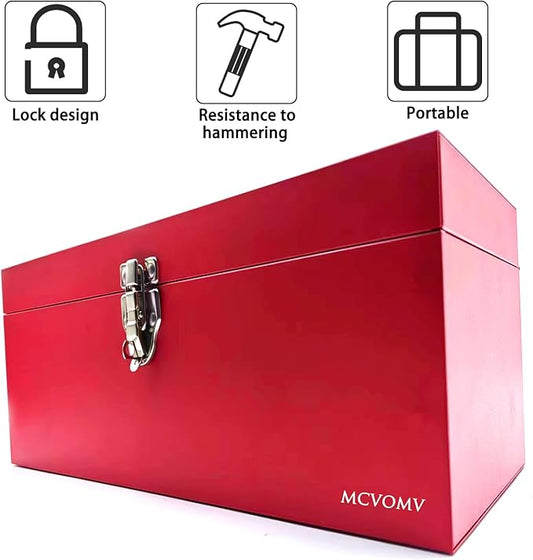 16" Portable Metal Toolbox Large Tool Box 18-Gauge Fishing Tackle Box Stee Tool Box Drawer Organizer With Metal Latch and Handle Red