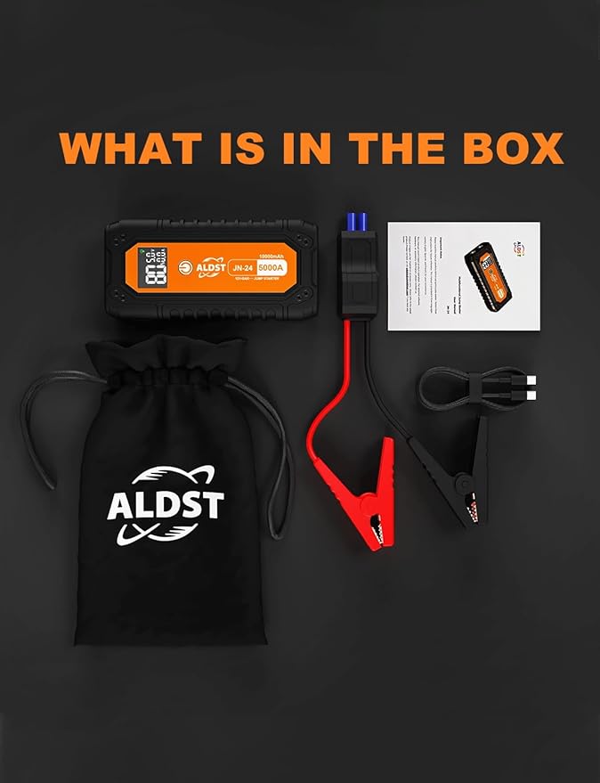 Car Battery Jump Starter 5000A, 45W PD Super Fast Charging Technology, 12V Portable Battery Jumper Booster Box with Cables LED Display Flashlight for 9.0L Gas 8.0L Diesel Engines