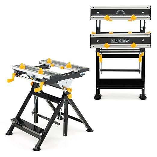 Portable Workbench, Folding Work Bench and Vise with 2 Rotary Handles, 7-Level Adjustable Height, 8 Sliding Clamps, Tiltable & Extendable Tabletop, Workbench Table for Garage, Workshop
