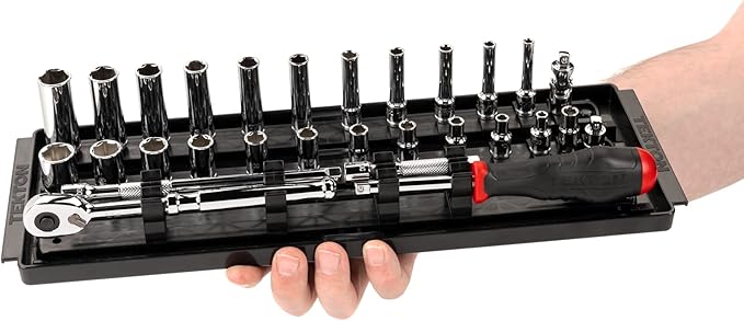 TEKTON 1/4 Inch Drive 6-Point Socket and Ratchet Set with Rails and Tray, 29-Piece (5/32-9/16 in.) | SKT03101