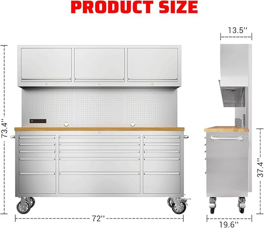 SINDA 72-inch Rolling Tool Cabinet Mobile Workbench Tool Chest with 15 Storage Drawers, Wheels, 3 Uper Cabinet, Outlet, SS Pegboard, Stainless Steel