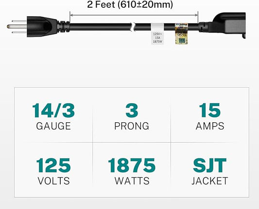 FIRMERST 15 Amp 2 Feet 3 Prong Extension Cord 14 Gauge 1875W Black