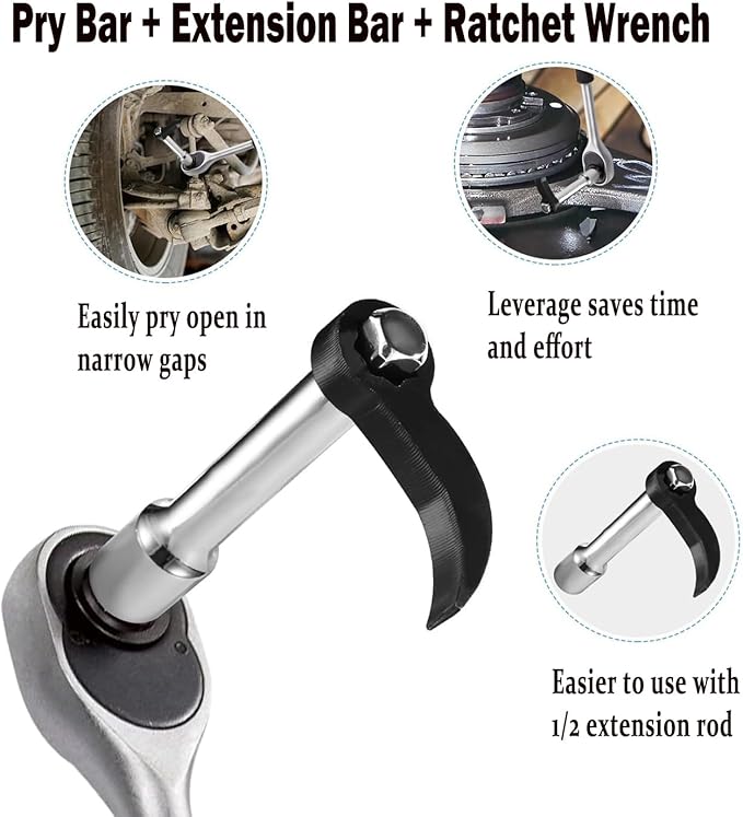 2PCS Pry Bar Wrench Adapter Head,Half Shaft Removal Car Repairing Tools with Extension Bar,Adjustable Crowbar Adapter Head Tool 1/2" Drive(Pry Bar + Extension Bar)