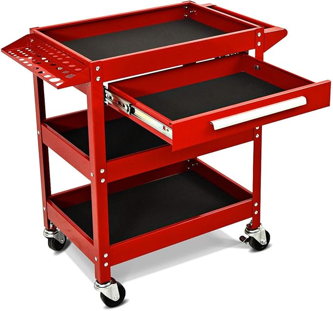 Goplus 3 Tier Rolling Tool Cart, 330 LBS Capacity Heavy Duty Utility Cart Tool Organizer with Storage Drawer, Industrial Commercial Service Tool Cart for Mechanics, Garage, Warehouse & Repair Shop