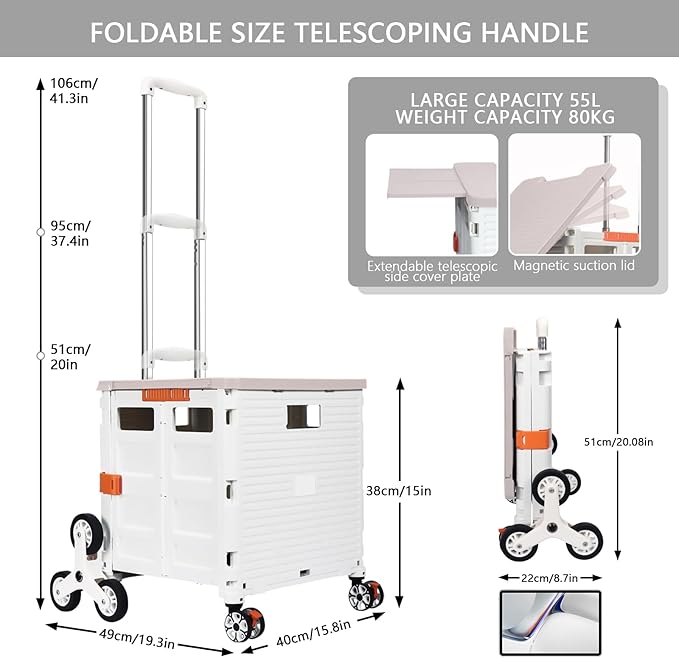 Foldable Utility Cart with Stair Climbing Wheels,Collapsible Rolling Crate with Magnetic Lid Telescopic Cover,Telescoping Handle,360° Rotate Wheel Hand Cart for Teacher Shopping Moving(Milky White)