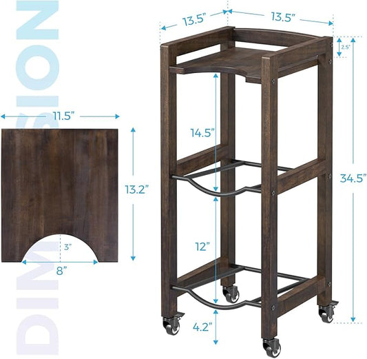 3-Tier 5 Gallon Water Jug Holder with Top Shelf – 4 Metal Wheels or Adjustable Feet – Natural Hardwood Water Dispenser Floor Stand – Wooden Organizer for Kitchen, Office, Garage – Space-Saving Design