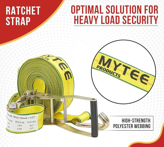 Mytee Products Ratchet Tie-Down Straps with Wire Hook, 2" x 27' Ratchet Strap | 10,000 Lbs Breaking Strength | Heavy Duty TieDown Ratchet Straps for Flatbed, Truck, Trailers Pickup (10 - Pack)