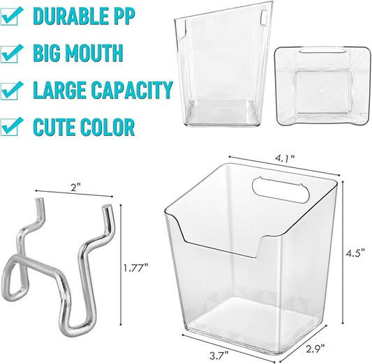 G.CORE Large Pegboard Cups Peg Board Storage Bin 6 Pack with Hooks, Square Box Shape Pegboard Cup Holder Accessories for Garage Workbench/Craft Room/Office/Playroom/Home Kitchen Organization (Clear)