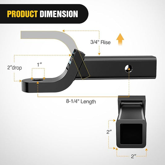 Nilight Trailer Hitch Ball Mount with 5/8" Hitch Pin Clip Fits 2 Inch Receiver Square 7500 lbs 2" Drop, 3/4” Rise, 1” Hole, Gloss Black Powder Coat