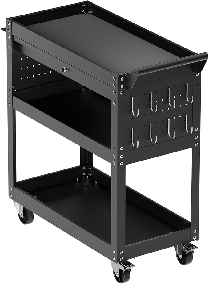 VEVOR 4-Tier Tool Cart with Wheels, 350 lbs Load Capacity, Rolling Work Cart with Drawer & Pegboard, Mechanic Tool Storage Organizer with Locking System for Garage, Warehouse and Repair Shop, Black