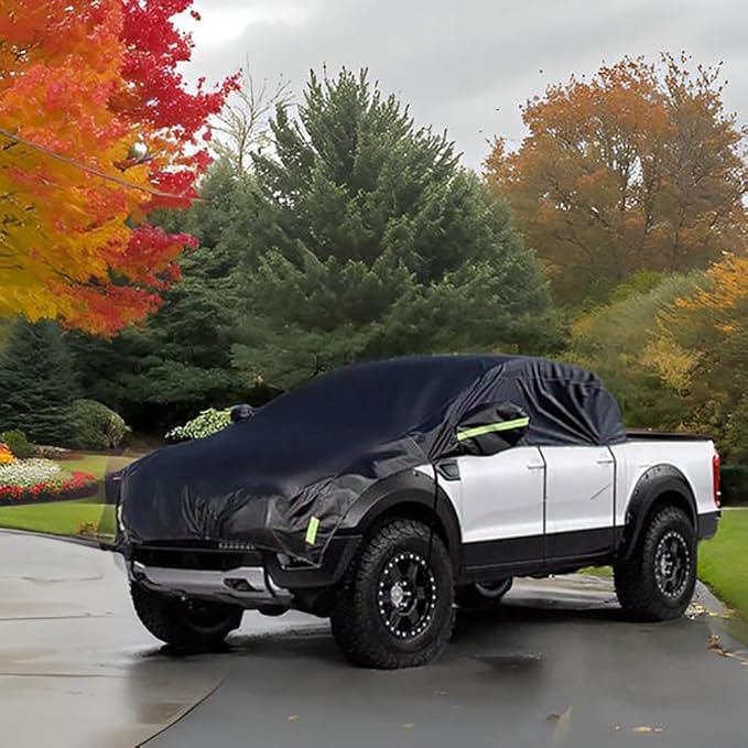 Half Car Cover All Weather Car Body Cover for All Season Sunshade Cover Snow Cover Waterproof 420D Oxford Fabric (Fit Small and Medium Size Pickup (Crew Cab))