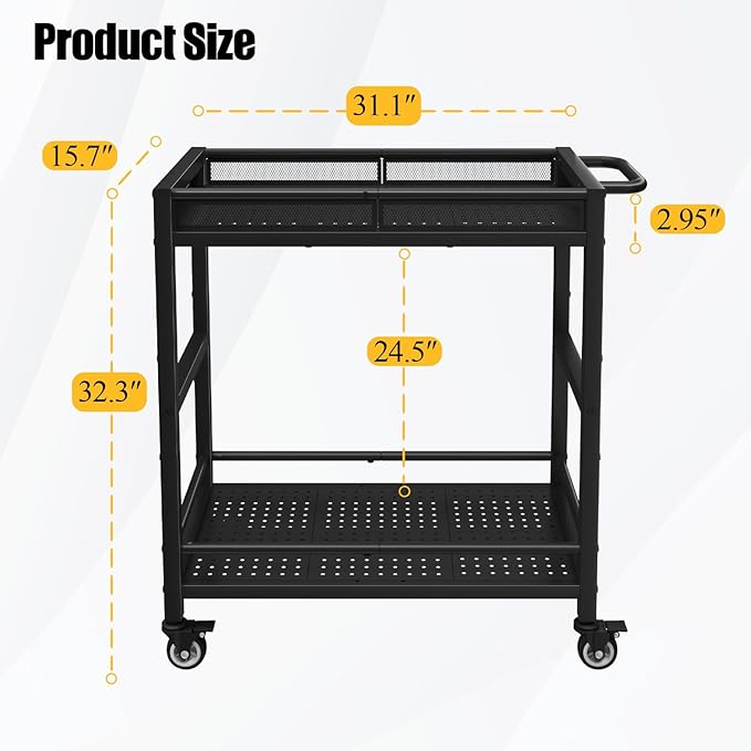 600LBS Heavy Duty Service Utility Cart on Wheels, Metal Rolling Utility Cart with Fences, 2-Tier Service Carts for Garage Garden Warehouse Tool House Basement, 360ยฐ Swivel, Ergonomic Handle, Sturdy