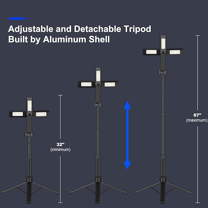 Rechargeable LED Work Light with Stand, Aluminum 67" Portable Cordless Work Light, 8AH Battery, 500/1500/2500 Lumen, 4000/6500K Dimmable Camping Light with Detachable Tripod (Carrying Bag Included)