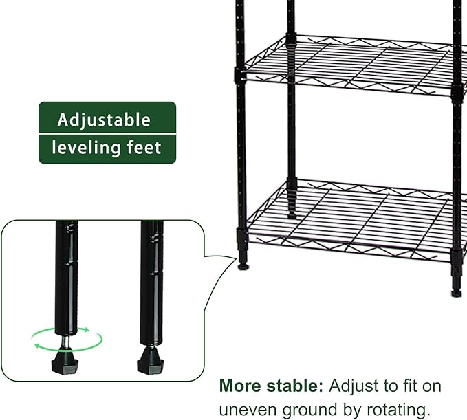 6-Wire Shelving Adjustable Shelves, Standing Storage Shelf for Laundry Bathroom Kitchen Pantry Closet Organization (Glossy Black, 16.6" L x 11.4" W x 64.6" H)