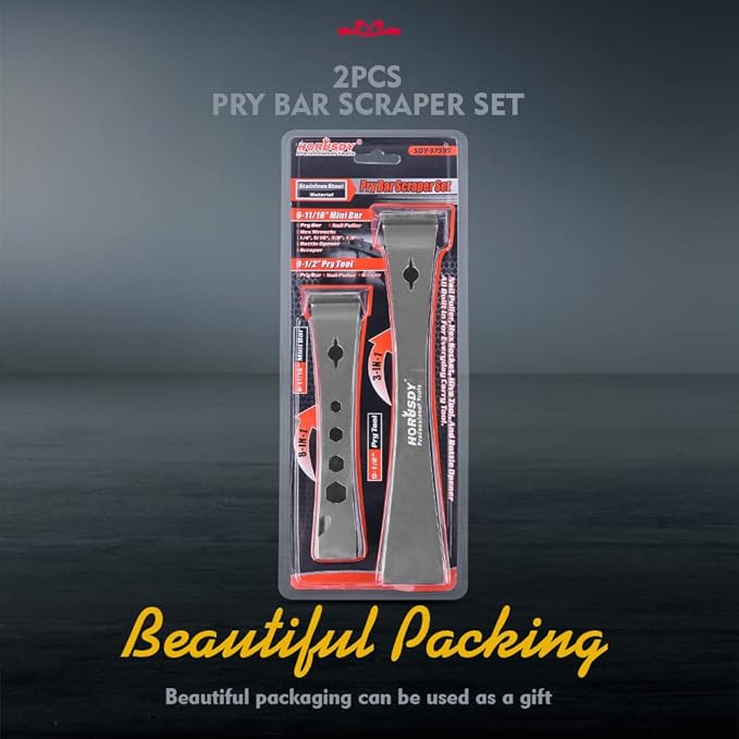 HORUSDY 2-Piece Pry Bar Scraper Set, Stainless Steel Flat Pry Bars with Hex Screwdriver Function, 6-11/16” & 9-1/2” Multi-Purpose Nail Puller, Trim, Demolition & Repair Tools