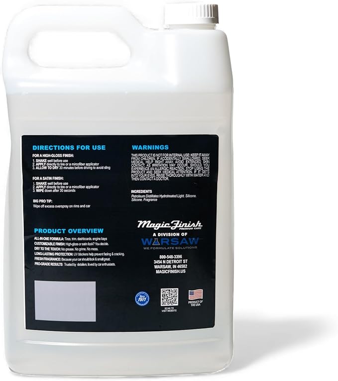 Magic Finish Tire Shine (1 Gallon) – Silicone-Based Tire Dressing for Long-Lasting Wet Look – High-Gloss Car Cleaning Supplies for Pro Detailing Results