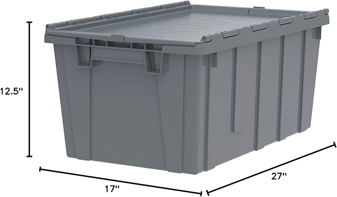 Buckhorn Industrial Lidded Plastic Storage Container, Nesting and Stackable Plastic Storage Box with Lid Attached, Organization Tote for Garage and Warehouse, 17 Gallon Capacity, 27"x17"x12", Gray