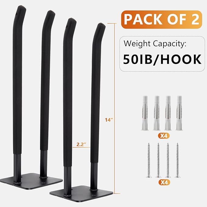 Sinoer Heavy Duty Garage Double Hooks, Utility Steel Garage Hooks,14 Inch Square Tube Double Garage Wall Mounting Hooks for Chairs, Ladders, Ropes and Strollers-(2 Pack