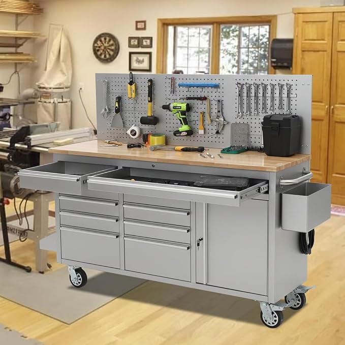 Tool Chest, 61 Inch Tool Box Mobile 9 Drawers Storage Rolling Cabinet with Wheels Lock Key Locking System Drawer Liners for Garage Warehouse Repair Shop, Sliver