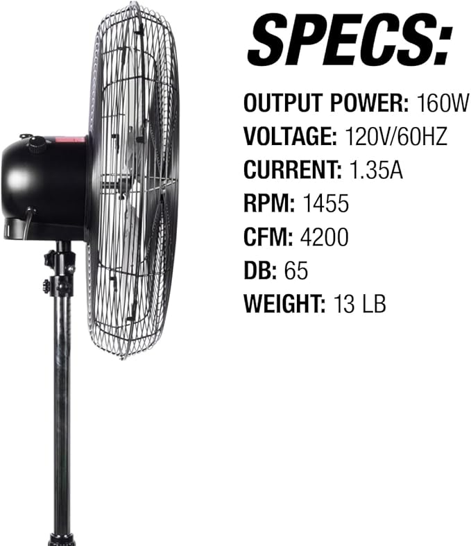 OEMTOOLS OEM24871 20" Oscillating Pedestal Fan, Adjustable Height for Garage, Shop, Gym, Warehouse 4500 CFM Airflow, 3-Speed Enclosed Motor, 5 Aluminum Blades, Dust-Resistant Industrial Purpose