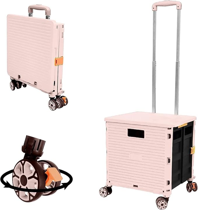Foldable Utility Cart Folding Portable Rolling Crate Handcart Shopping Trolley Wheel Box with Lid Wear-Resistant Noiseless 360°Rotate Wheel for Travel Shopping Moving Storage Office (Pink)