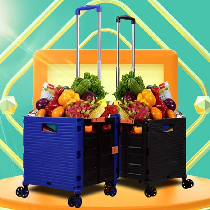 Foldable Utility Cart Folding Portable Rolling Crate Handcart Shopping Trolley Wheel Box with Lid Wear-Resistant Noiseless 360°Rotate Wheel for Travel Shopping Moving Storage Office Use (Black)