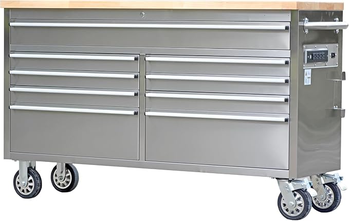 61 Inch Heavy Duty Rolling Tool Chest & Mobile Workbench with 9 Drawers, Rubber Wood Tabletop, Key Locking System and Drawer Liners, Steel Storage Cabinet for Garage, Workshop,Silver