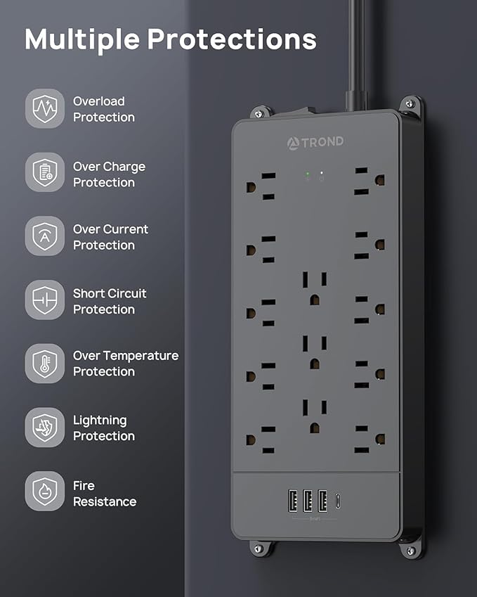 TROND Power Strip Surge Protector 10 ft Cord, 4000 Joules, ETL Listed, 13 Widely-Spaced Outlets Expansion with USB C Ports, Low-Profile Flat Plug, Wall Mount, Extension Cord, 14AWG Heavy Duty, Black