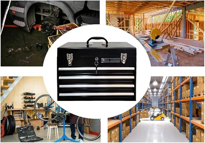 Metal Tool Box with 4 Drawers Portable Steel Tool Chest with Metal Cylinder Lock and Latch Closure, liner, Black and Red two color Powder coating, suitable for Garage, Warehouse and Outdoor Repair job