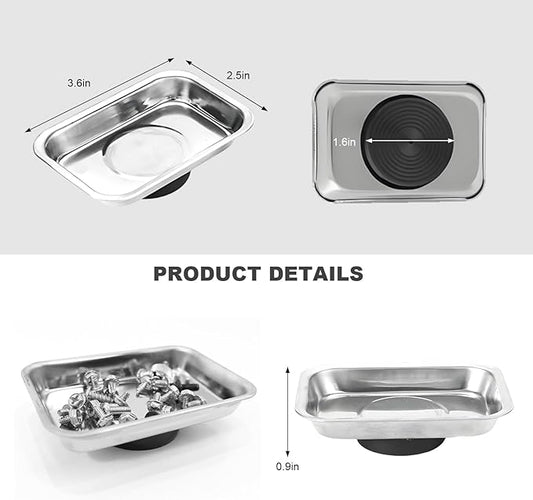 2 PCS Magnetic Tray Holders, Stainless Steel 3.6"x2.5" Rectangle Trays Metal Parts Holder with Strong Magnet, Heavy Duty Thickened Trays for Screws Bolts Nuts Washers Pins