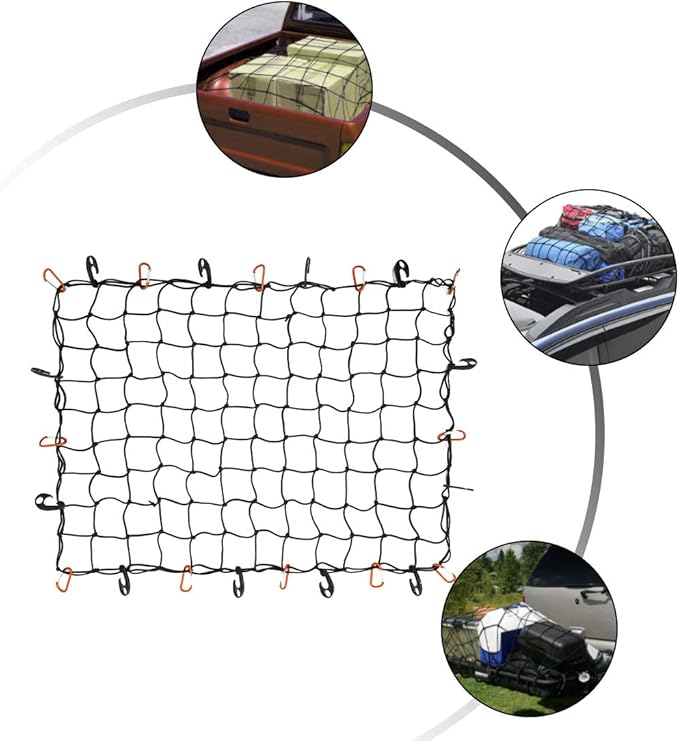 CZC AUTO Bungee Cargo Net 3x4Ft Truck Bed Net Stretches to 6x8Ft for Pickup Trailer RV SUV Boat |3x3Inch Mesh Net Holds Small and Large|12 Tangle Free Carabiners & 12 Plastic Hooks|Super Duty