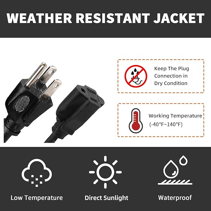 12FT 16/3 Outdoor Extension Cord - 16 Gauge 3 Prong SJTW Black Extension Cord for Christmas Lights with 3 Prong Grounded Plug for Safety, Great for Outdoor Decorations, UL Certified