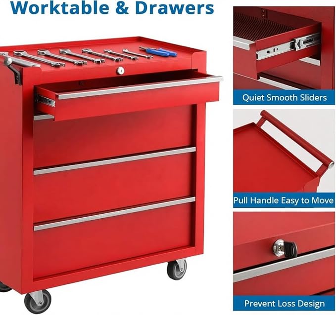 Rolling Tool Box with Wheels, 4 Drawer Tool Storage Cabinet, Portable Toolbox Organizer with Lock, Heavy Duty Tool Chest Cart for Garage, Mechanic, Workshop, Shop, Mobile Tool Organizer, Red