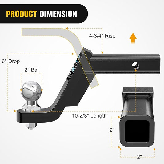 Nilight Trailer Hitch Ball Mount with 2 Inch Trailer Ball & 5/8" Hitch Pin Clip Fits 2 Inch Receiver Square 7500 lbs 6" Drop, 4-3/4” Rise, 1” Hole, Gloss Black Powder Coat