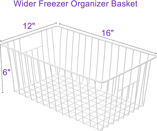 16Lx12Wx6H inch Wider Freezer Organizer Baskets Container, Refrigerator Metal Wire Storage Bins with Handles for Kitchen, Pantry, Cabinet, Closets - Pearl White(3 Packs)