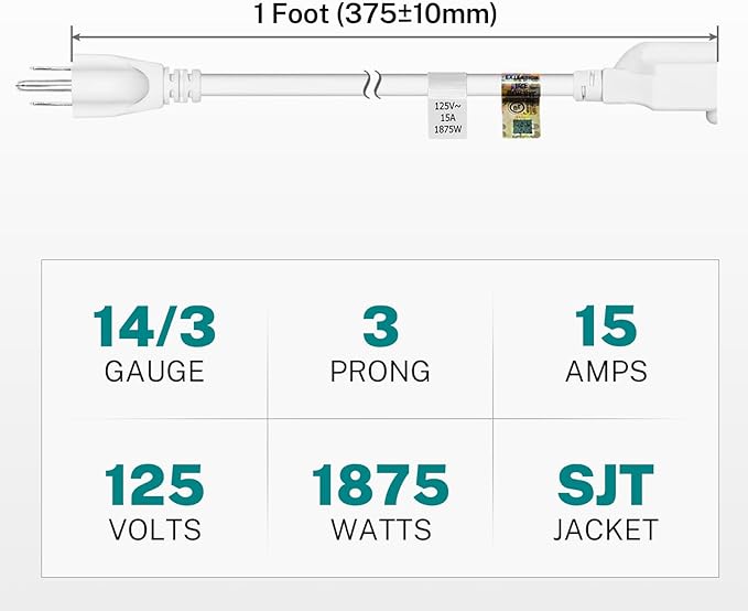 FIRMERST Short Extension Cord 1 Foot 14 Gauge 1875W White