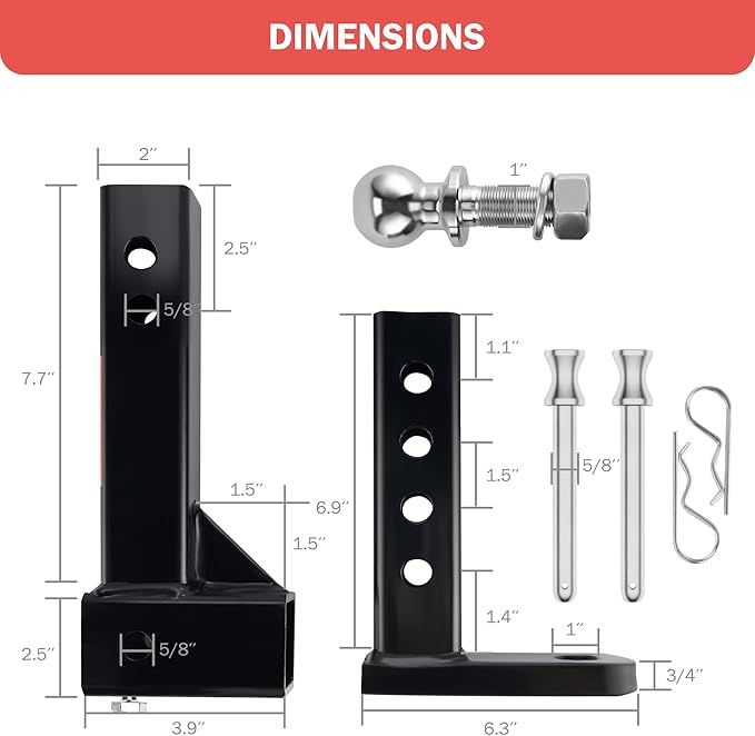 OPENROAD Adjustable Trailer Hitch Ball Mount Fits 2-Inch Receiver, 2’’ Ball 7500LBS, 6 7/8" Drop/ 5 1/2" Rise Drop Hitch, Hitch for Heavy Duty Truck with Pins