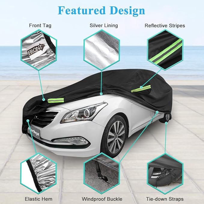 Car Cover Waterproof All Weather for Automobiles, Outdoor Full Exterior Sedan Covers Black(Suggest Car Length from 186"-193")