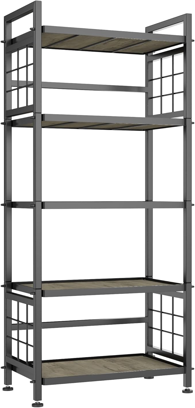 GIOTORENT 5-Tier Kitchen Storage with Wooden Boards, Heavy Duty Storage Shelves & Bookshelf, Adjustable Metal Shelving Unit for Garage Kitchen Bathroom Laundry Organizer, 750LB Capacity, Black