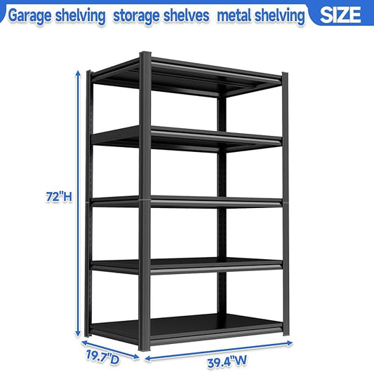 PRESTELION 72" H Storage Shelves Heavy Duty 3000LBS Metal Garage Shelving 5 Tier Shelving Unit Adjustable Metal Shelf for Basement, Warehouse, Pantry, Closet, Kitchen 72" H x 39.4" W x 19.7" D, Black