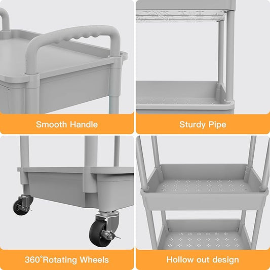 3 Tier Rolling Utility Cart with Drawer,REBECAT Utility Cart Made of Multifunctional Storage Organizer Tool for Kitchen,Bathroom,Living Room,Office(Gray)