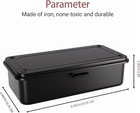 Small Metal Tool Box with Latch, Mini Steel Toolbox Storage Box, Portable Tin Box with Lid for Tools, Car, Workshop & Crafts 7.9" (Black)
